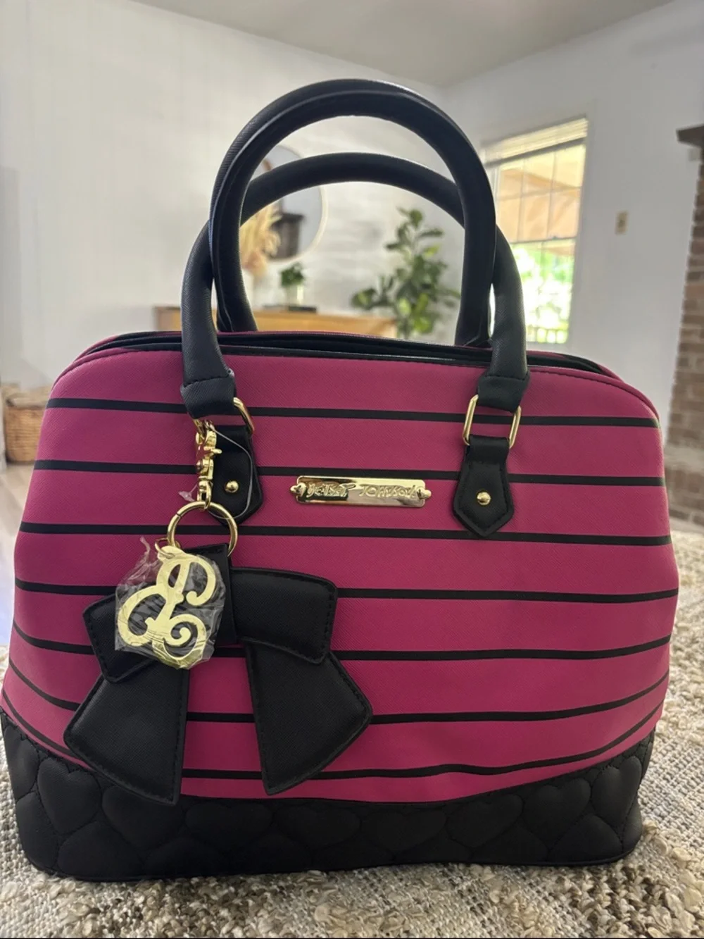 Betsey Johnson Pink and Black Striped‎ Satchel with Bow Charm Shoulder Bag NWOT